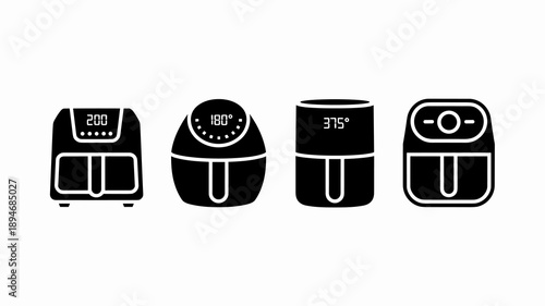 Black air fryer appliance cooking vector icons set showing kitchen appliances for frying food preparation in modern home cooking healthy lifestyle diet recipe illustration for culinary blogs and kitch