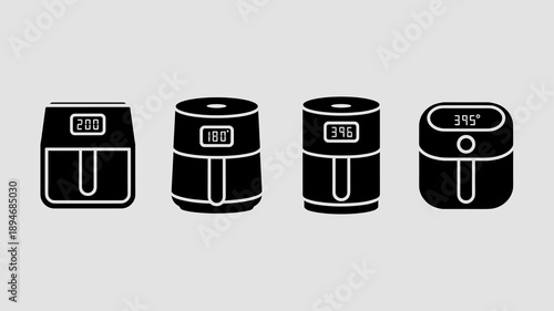 Black air fryer appliance icons modern kitchen cooking vector illustration set for healthy eating lifestyle advertising culinary blog website graphic design simplified cooking device equipment concept