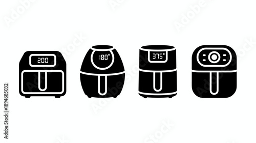 Air Fryer Appliance Icons Set for Healthy Cooking Technology Vector Line Art Illustration Representing Kitchen Appliances Home Cooking Convenience Black and White Design for Culinary Blogs Recipe Webs