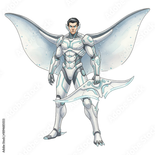 Determined Caucasian man in futuristic white and blue armor with large wings holding a sleek weapon ready for action