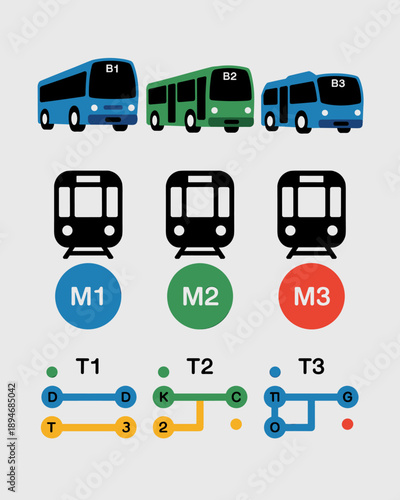 Colorful public transportation system map with buses trains and routes for city navigation travel planning and urban commuting information illustration modern graphic design for transportation apps an