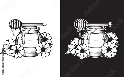Black and white illustration of honey jar with flowers and dipper isolated on white background
