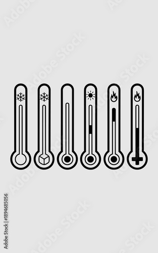 Temperature measurement icon set showing hot and cold temperatures from freezing to boiling point thermal condition indicator for science technology weather forecast climate change graphic design elem