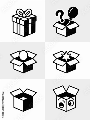 Gift box surprise present vector icons illustrations set mystery box with question mark and balloon open box with egg star explosion and cartoon face for marketing promotion surprise party invitation