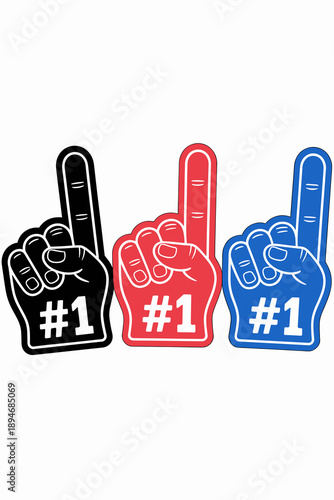Colorful Number One Foam Fingers for Cheering and Celebrating Victory Black Red and Blue Fan Hand Waving Support for Sports Teams and Events Enthusiastic Audience Gesture Illustration for School Spiri