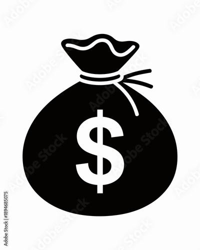 Black and white money bag icon illustration financial wealth symbol representing savings investment banking and business growth finance graphic for marketing materials website UI design stock market a