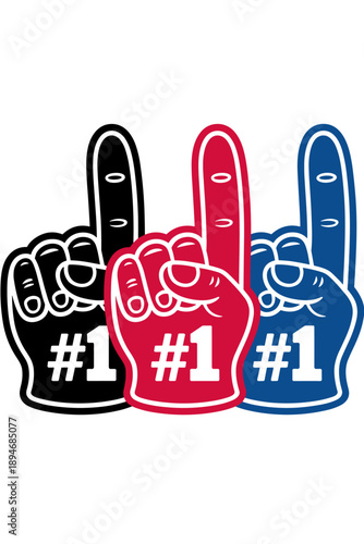 Number One Fan Foam Fingers Cheering for Team Pride and Victory at Sports Event with Black Red and Blue Colors Supporting Athlete Performance and Success in Competitive Game for Enthusiastic Spectator