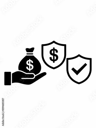 Secured money investment hand holding bag of dollars currency with protective shield and check mark symbol financial safety guarantee vector icon concept for banking insurance secure transactions and