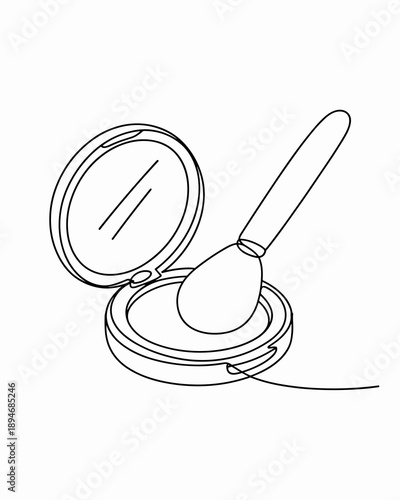 Minimalist line art of makeup powder and brush for beauty product marketing campaign cosmetic beauty blogger content simple continuous outline drawing for fashion industry social media beauty salon pr