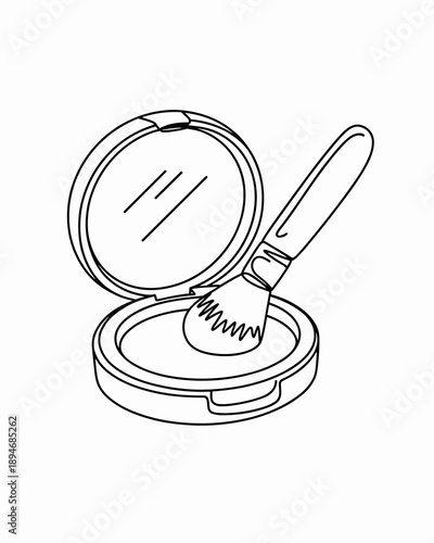 Minimalist contour line drawing of compact makeup with mirror and applicator brush for cosmetic beauty product promotion concept elegant simple design for salon spa or personal care brand aesthetic il