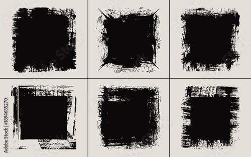 Grungy black brush stroke frame collection for textured design elements artistic backgrounds vector illustration set of distressed square borders for creative projects graphic design resources paintin