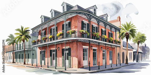 Charming New Orleans Architecture Watercolor Painting of Historic French Quarter Building with Ornate Balcony and Palm Trees for Travel Tourism Marketing Materials and Cultural Heritage Preservation P