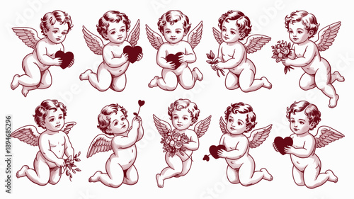 Vintage cherub angel illustrations holding hearts and flowers love concept cute winged baby characters art for valentine's day holiday greeting cards wedding invitations romantic designs angelic renai