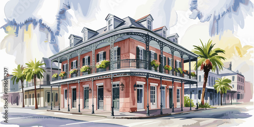 Watercolor painting of french quarter building with wrought iron balcony in New Orleans historic architecture landscape with palm trees on street corner travel destination for tourism and culture in u