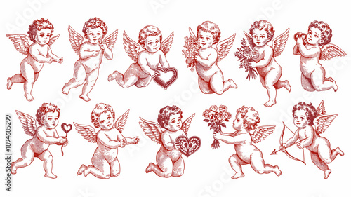 Vintage cherub angels set delivering love messages and valentine gifts antique style illustrations for wedding invitations romantic decoration projects vector drawing of winged cupid characters for ho