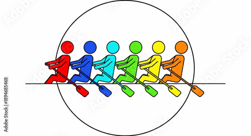 Diverse Team Rowing Together in Synchronized Effort.