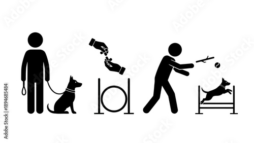 Dog training sequence stick treat agility jump.