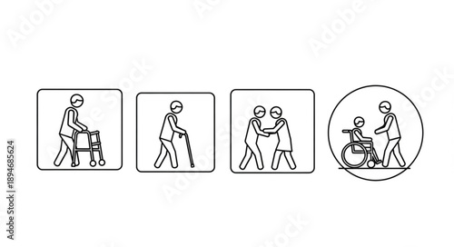 Elderly Care Icons Showing Assistance and Support.