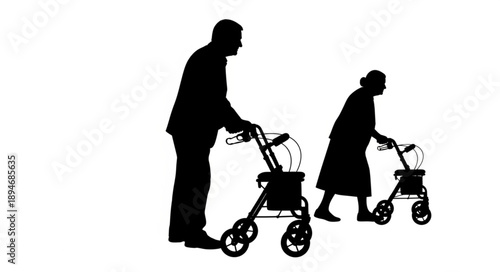 Elderly Couple Silhouette Walking With Walkers.