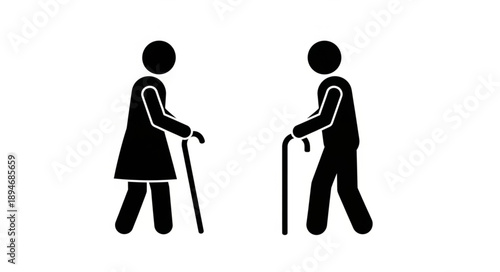 Elderly couple walking with canes silhouette.