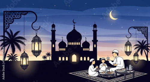 Family breaking fast together under starry night sky with mosque and lanterns in the background during ramadan