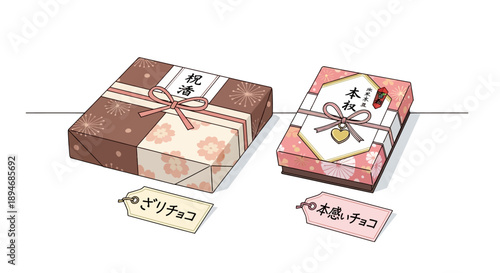 Illustration of Japanese style chocolates and gifts for Valentine's Day, featuring Giri Choco and Honmei Choco, with a traditional and celebratory atmosphere.