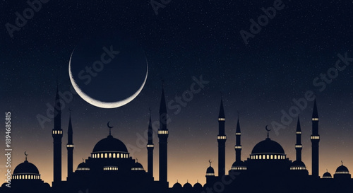 Islamic mosque silhouette against a dark blue sky with crescent moon at dusk serene and peaceful atmosphere vector illustration