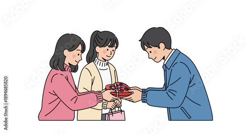 Illustration of a man giving chocolates to two women, celebrating Valentine's Day in Japan with a traditional Giri Choco and Honmei chocolate-giving custom.