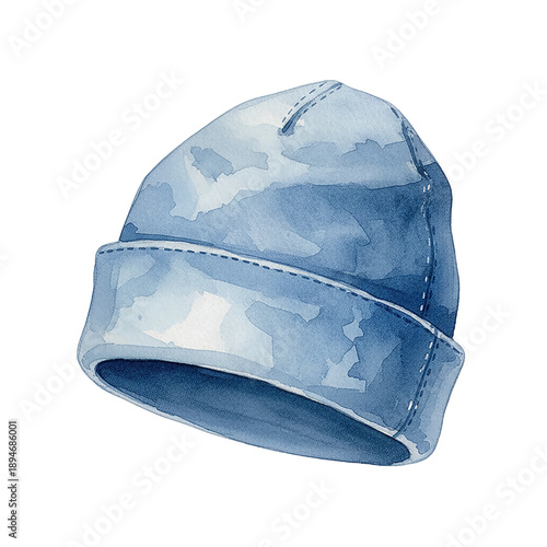 A soft blue knitted beanie hat with folded brim rendered in a gentle watercolor painting style for winter warmth