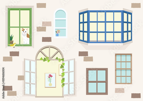 おしゃれな窓のバリエーションと外壁のイラストセット 出窓 アーチ窓 猫のいる風景のベクター素材