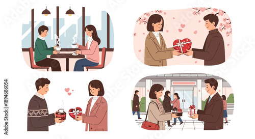 Illustration of Japanese couples exchanging gifts and chocolate on Valentine's Day, showing the tradition of giving Giri Choco and Honmei Choco in a vector format with a sweet and romantic