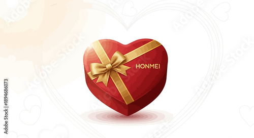 Vector illustration of a red heart-shaped chocolate gift box with gold ribbon and bow, symbolizing Japan's Valentine's Day tradition of exchanging Honmei and Giri Choco, set against a clean