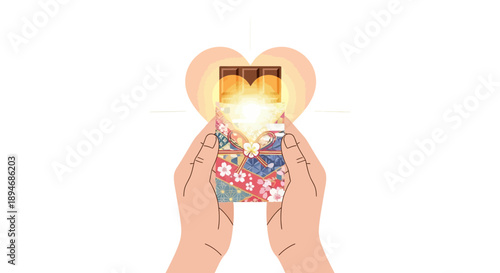 Illustration of hands holding a heart-shaped gift box with chocolates, symbolizing Japan's Valentine's Day tradition of giving Giri Choco and Honmei, with a warm and loving mood.