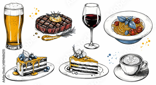 A colorful illustration of various food and drink items including beer, cake, wine, pasta, and coffee