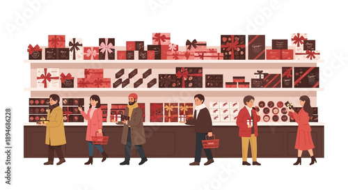 Illustration of people shopping for Japanese style chocolates and gifts in a store for Valentine's Day, with a woman and man exchanging a gift, surrounded by various chocolate products on