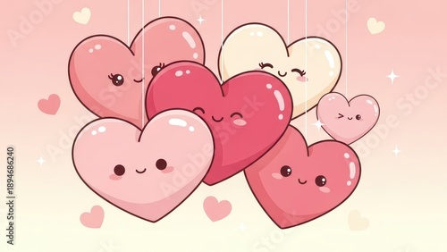 Cute Kawaii Hearts, Valentine's Day Love Theme, Pink Pastel Background