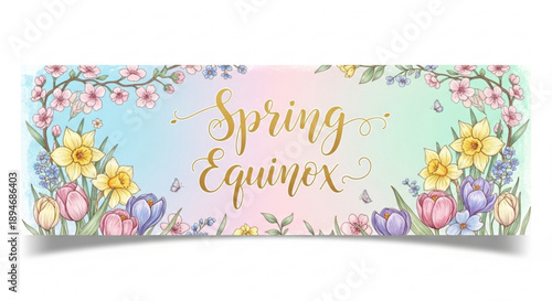 Spring equinox banner with colorful tulips and daffodils on pastel background soft lighting elegant gold text decorative floral border