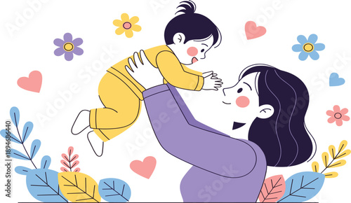 Cute Mother and Baby Illustration Showing Love and Care with Happy Family Bonding, Parenting Moments, and Warm Emotional Flat Vector Design