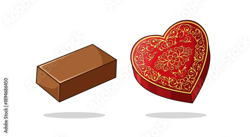 Vector illustration of a chocolate bar and heart-shaped gift box on a white background, symbolizing Japan's Valentine's Day tradition of exchanging Giri Choco and Honmei gifts.