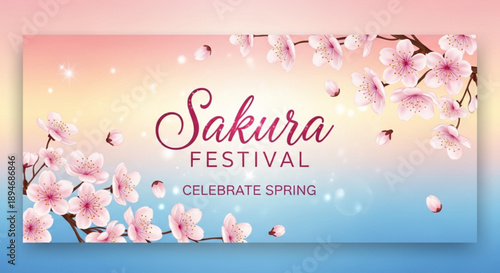 Blooming cherry blossom trees line a serene pathway under a light blue sky with fluffy clouds