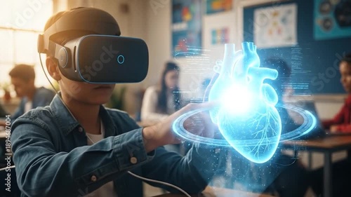 Student in VR Headset Interacting with Blue AI Hologram in Classroom
