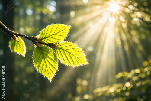 Macro of backlit new spring leaves on a branch. Sunbeams through forest create god-rays. Translucent, vibrant details. Magical morning light.