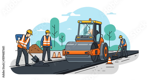 Road construction workers operating heavy machinery and paving asphalt on a highway