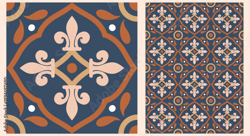 Portuguese ceramic tile seamless pattern, Sicilian, Mediterranean, Spanish tile traditional design, porcelain pottery. Mosaic. Vector endless background