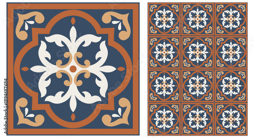 Portuguese ceramic tile seamless pattern, Sicilian, Mediterranean, Spanish tile traditional design, porcelain pottery. Mosaic. Vector endless background