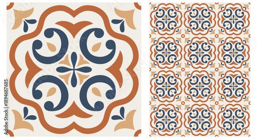 Portuguese ceramic tile seamless pattern, Sicilian, Mediterranean, Spanish tile traditional design, porcelain pottery. Mosaic. Vector endless background