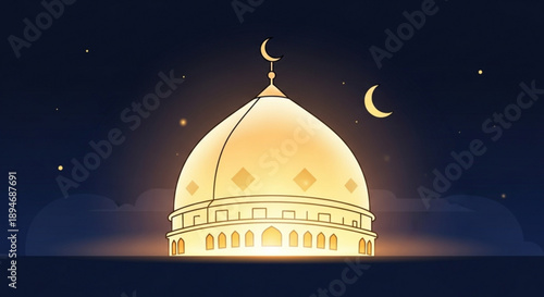 Ramadan mosque with crescent moon and lanterns at night islamic architecture with domes and minarets