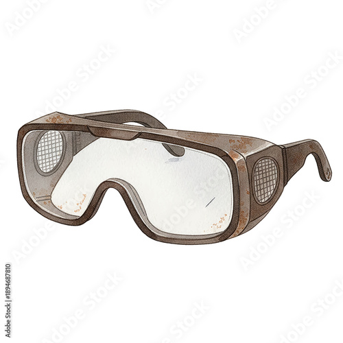 Rustic brown safety goggles with dirty clear lenses showing a worn protective look in watercolor style