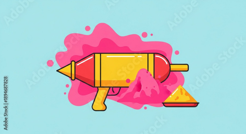 Colorful cartoon water gun with pink splash and yellow trigger on light blue background for summer fun and play