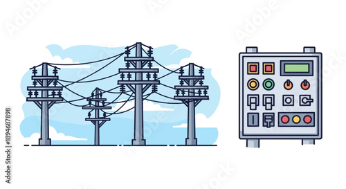 Electrical power transmission poles and control panel illustration.